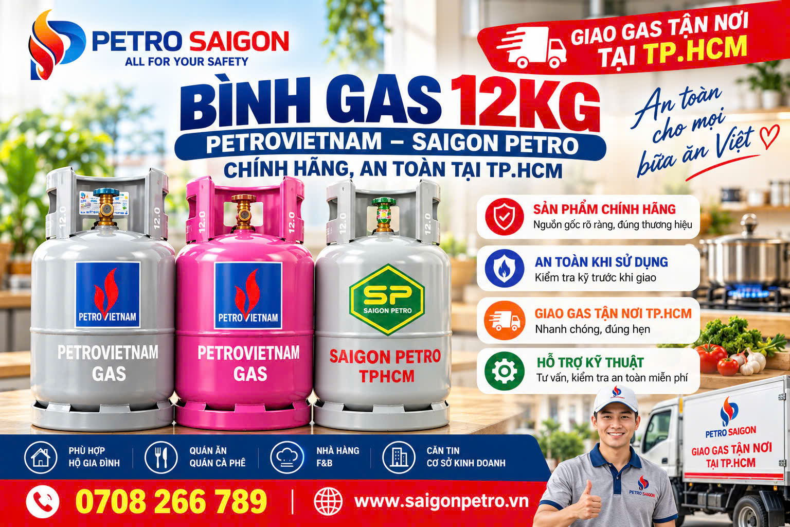 Bình gas 12kg PetroVietnam, Saigon Petro chính hãng, an toàn tại TP.HCM
