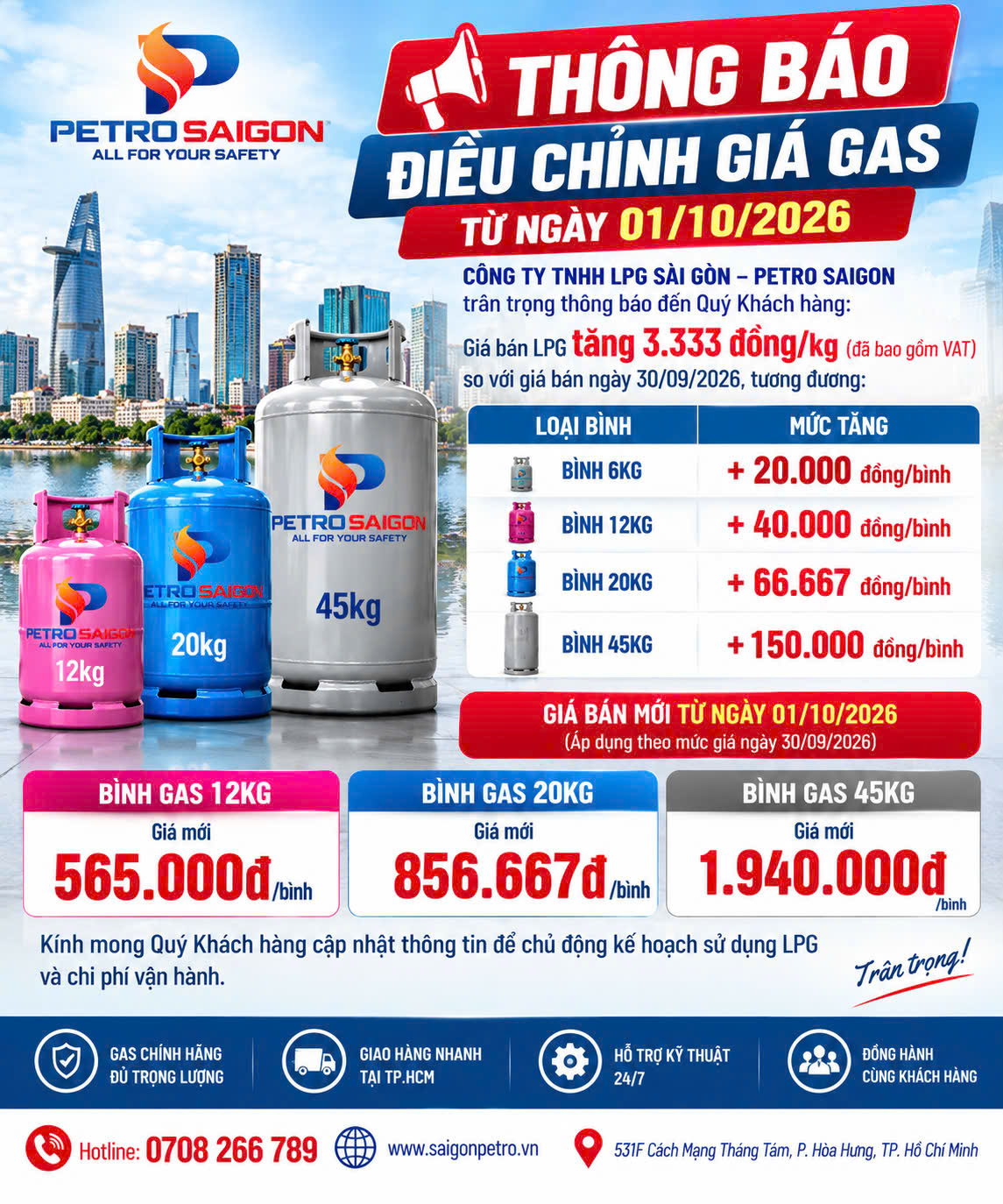 🔥 THÔNG BÁO ĐIỀU CHỈNH GIÁ GAS TỪ NGÀY 01/10/2026